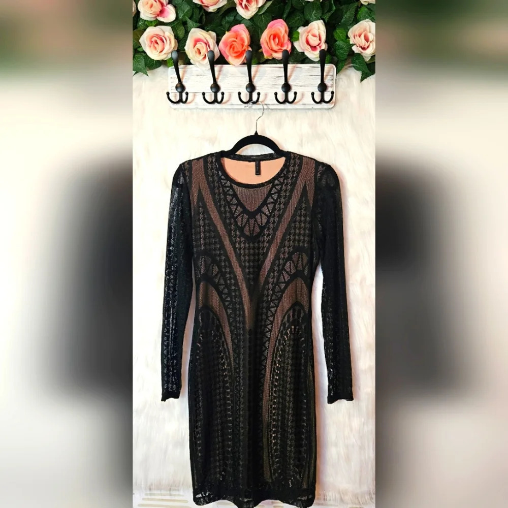 BCBG Max Azria Nude w/Black Overlay Sheath Dress - Picture 1 of 6